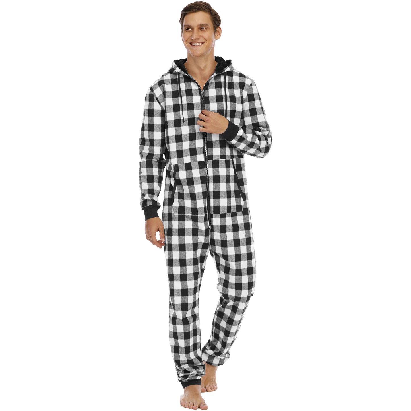 Flannel Check Hooded One-Piece For Men