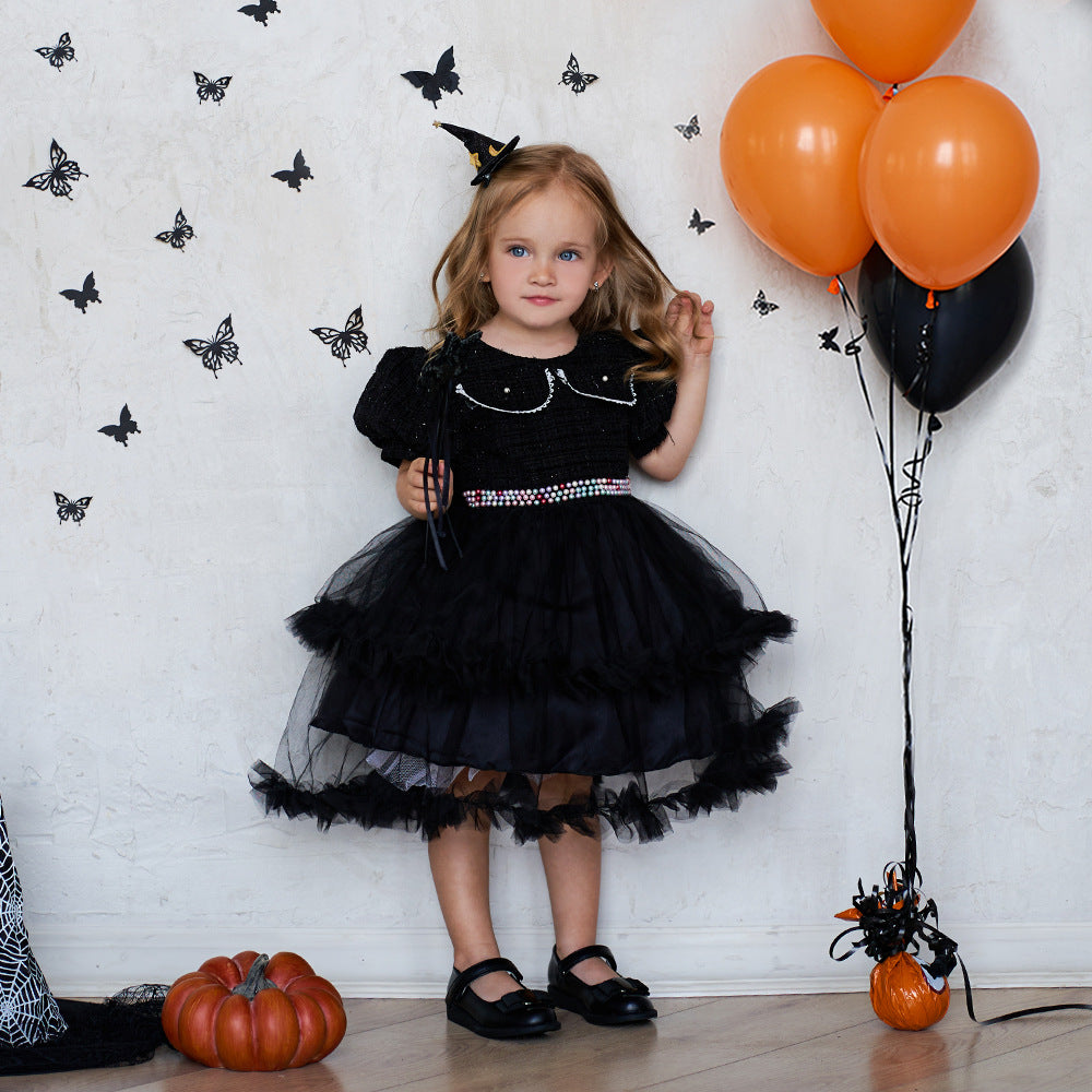 Halloween Mesh Stitching Puff Sleeve Dress for Girls