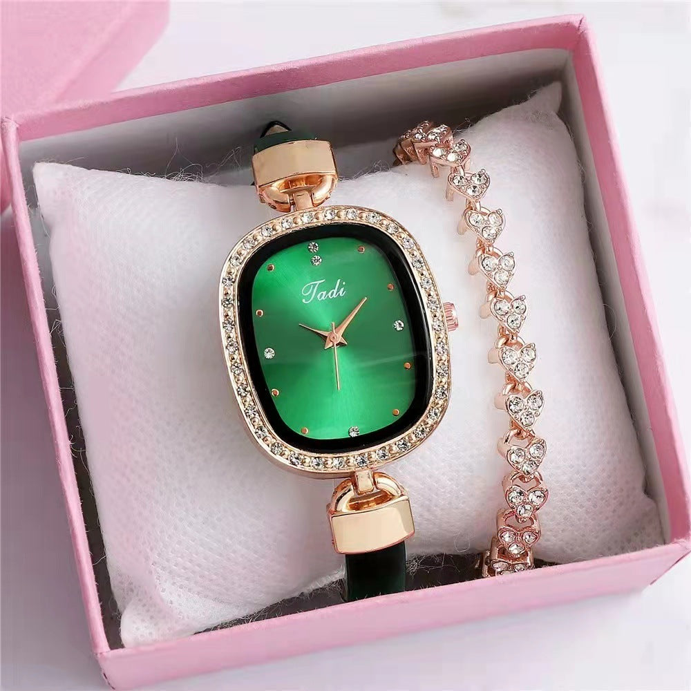 Women's Watch Bracelet Suit Two-piece Women's Quartz Watch Diamond Rhinestone Thin Belt Fashion Watch