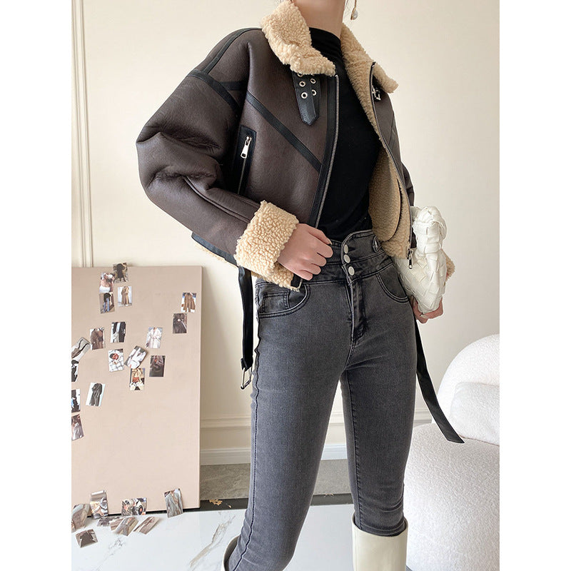 Short PU Lamb Fur Coat Women's Versatile Thickened