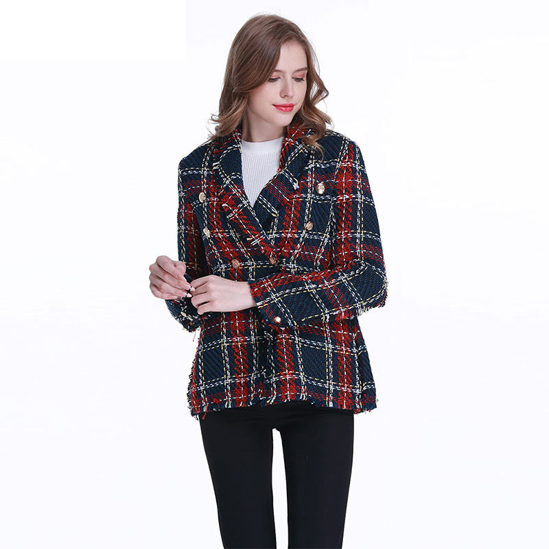 Plaid buttoned woolen blazer