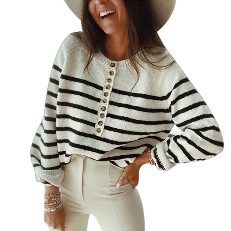 Striped Pullover Blouse Fashion Button For Women