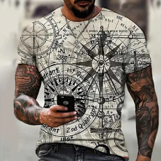 White Men's 3D Compass Printed Round Neck Short Sleeve T-shirt