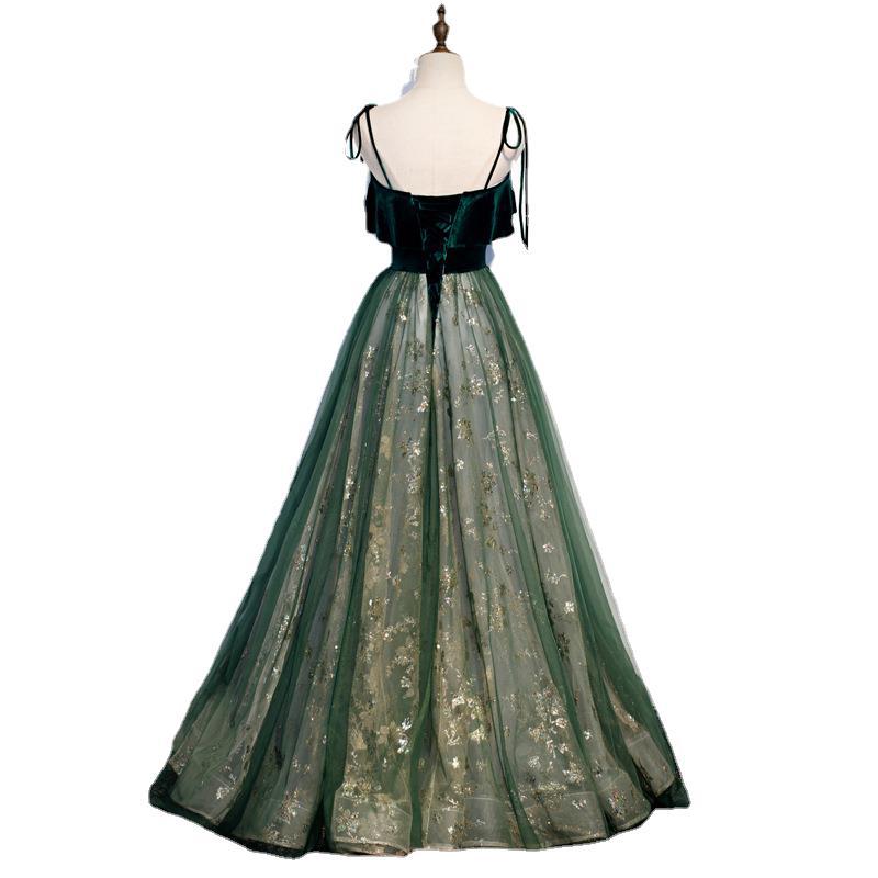 Banquet Sling Temperament Long Dress Dark Green Fantasy for women