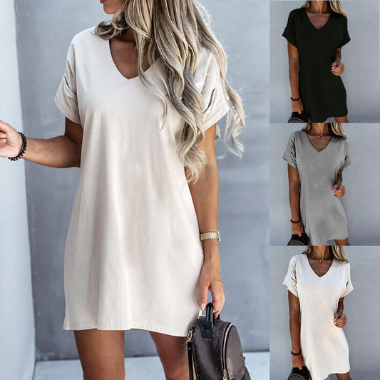 Short Sleeve V-neck Solid Color Loose Dress For Women