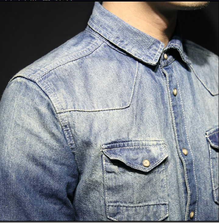 Washed Old Thickened Slim Fitting Denim Shirt