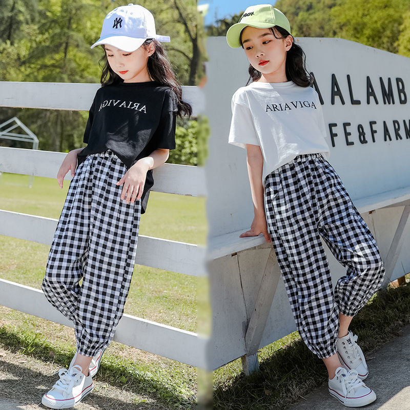 Summer Girls' Plaid Pants Short Sleeve Suit