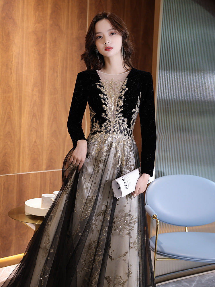 Black Moderator Long Sleeve Annual Party Dress for women