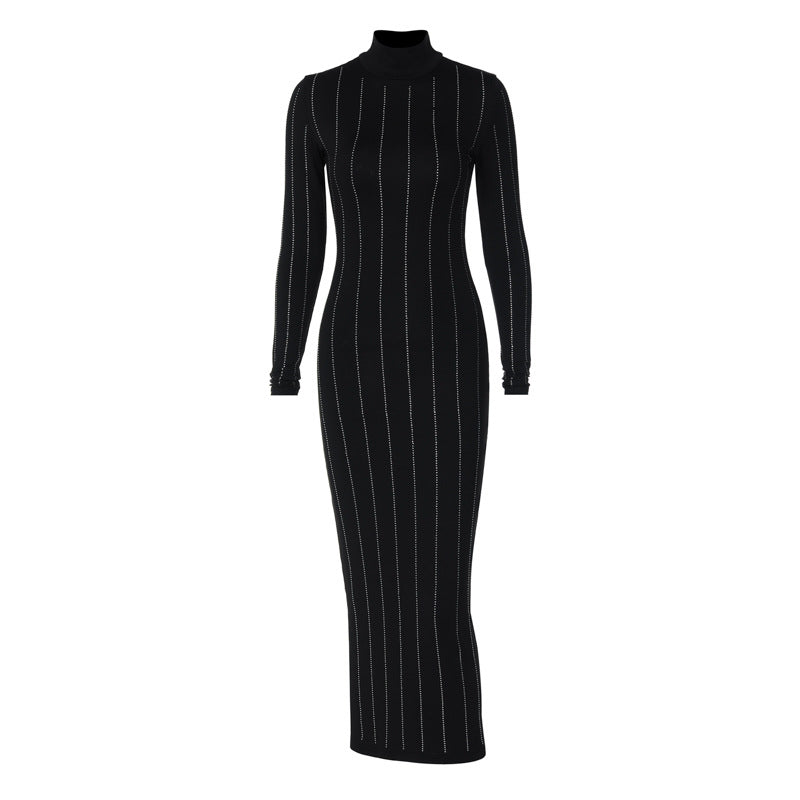 Rhinestone Slim Fit Turtleneck Long Sleeve Dress For Women