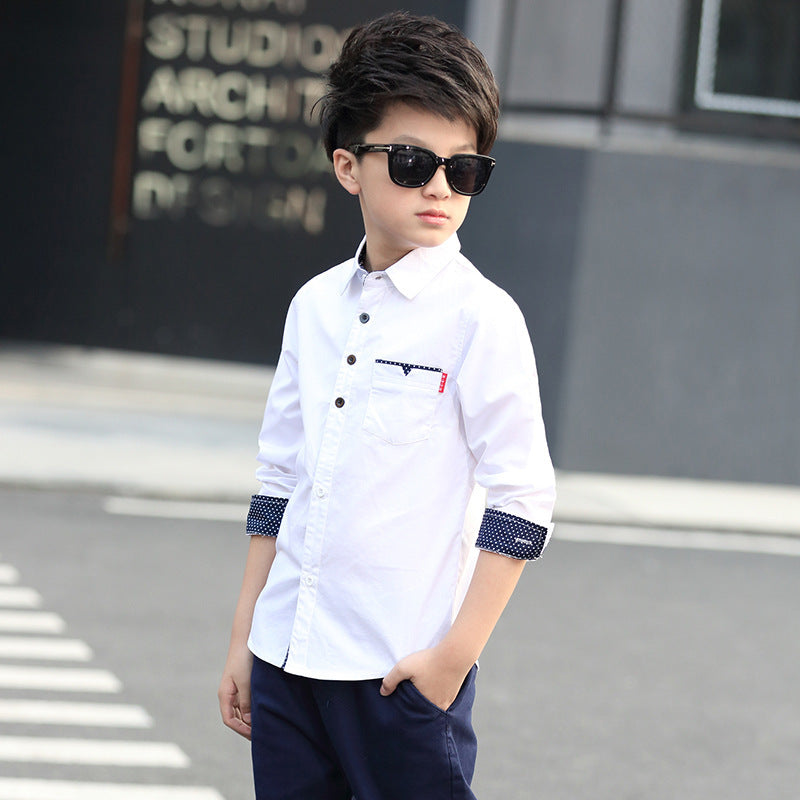 Student Spring And Autumn Trendy Fan Lapel Polka Dot Shirt for boys