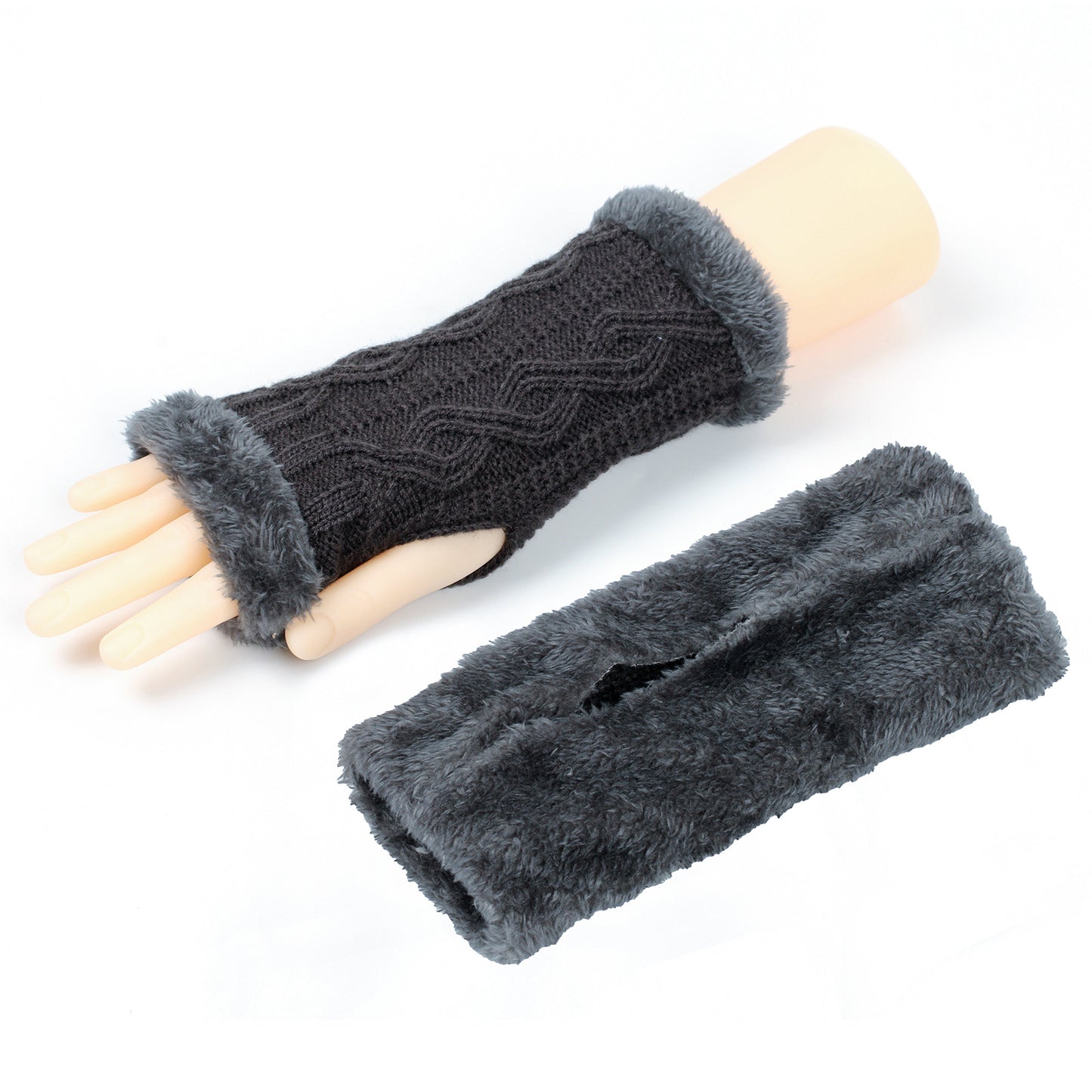 Rhombus Short Knitted Plus Fluff Thick Gloves for women