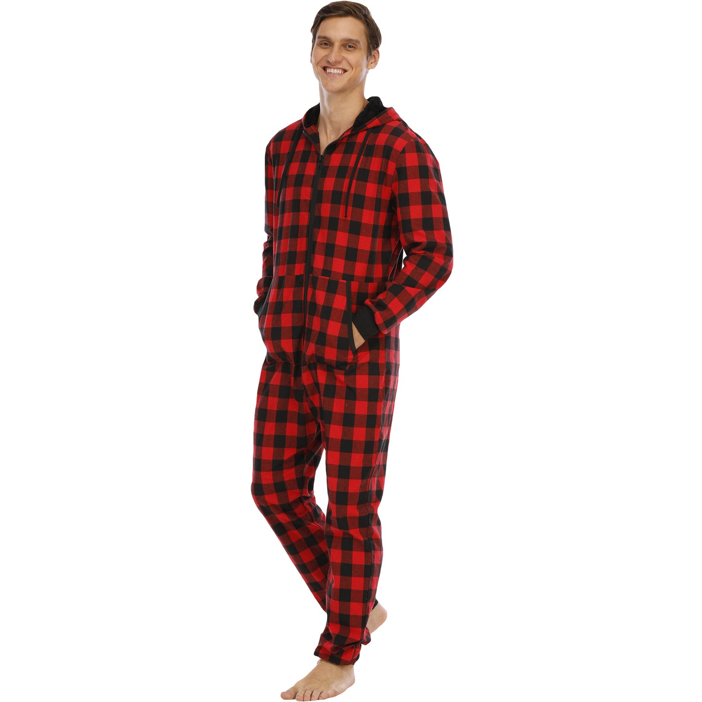 Flannel Check Hooded One-Piece For Men