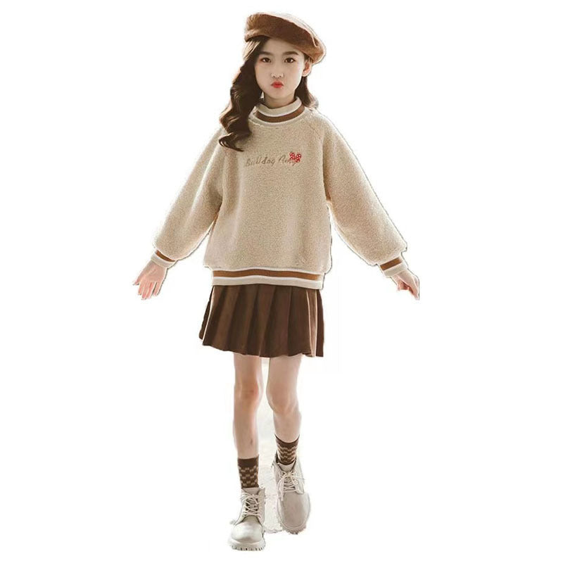 Girls' Suit Brushed Hoody Pleated Skirt