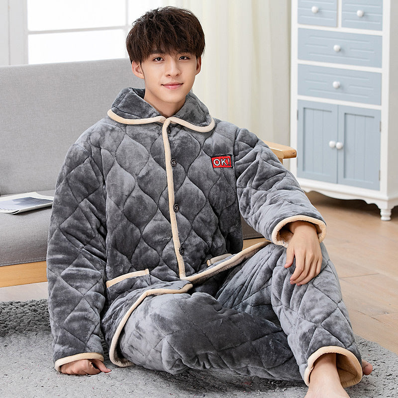 Winter Thickened Crystal Fleece Quilted Style Pajamas Set For Men