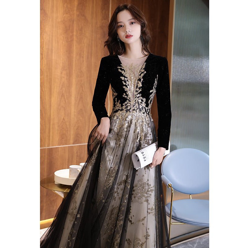 Black Moderator Long Sleeve Annual Party Dress for women