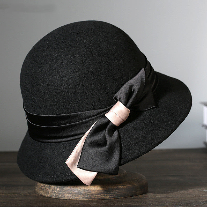 Japanese Black Retro Easy Matching Wool Warm Bucket Hat for women