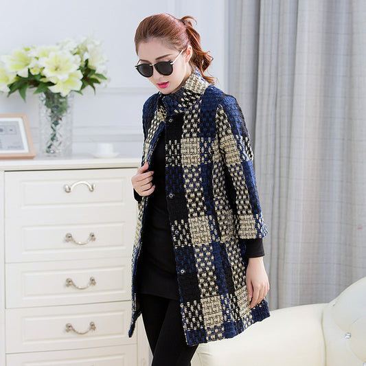 Woolen New Slim-fit Mid-length 34 Sleeve Stand Collar Thick Flower Woolen Coat for women