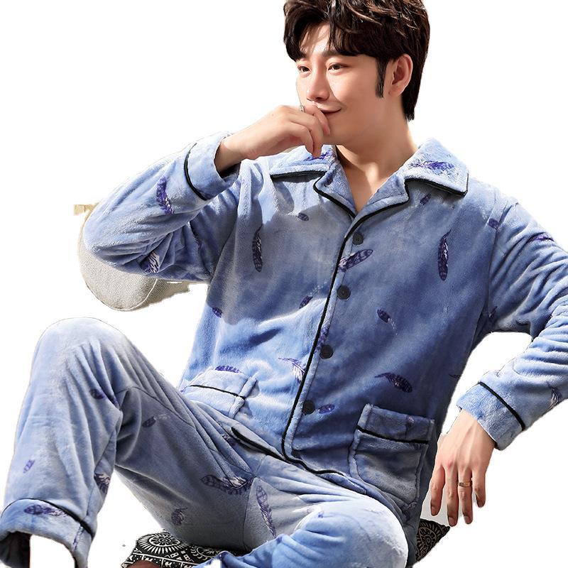 Plus Size Long-Sleeved Flannel Warm Pajama Sets For Men