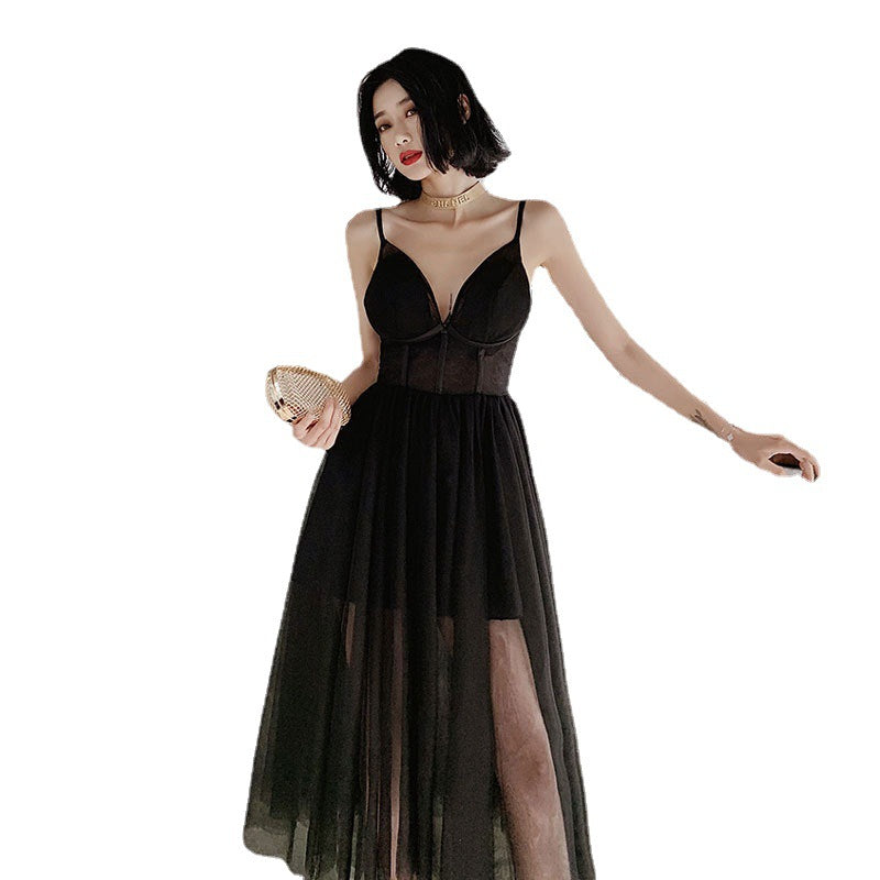 Sexy Suspenders V-neck Gauze Evening Dress for women