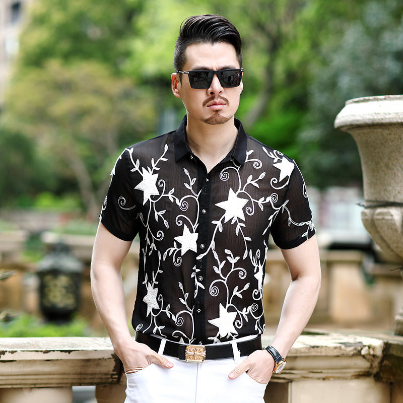 Summer New Style  Men's Shirts Slim Hollow Embroidered Non-iron Casual Shirts