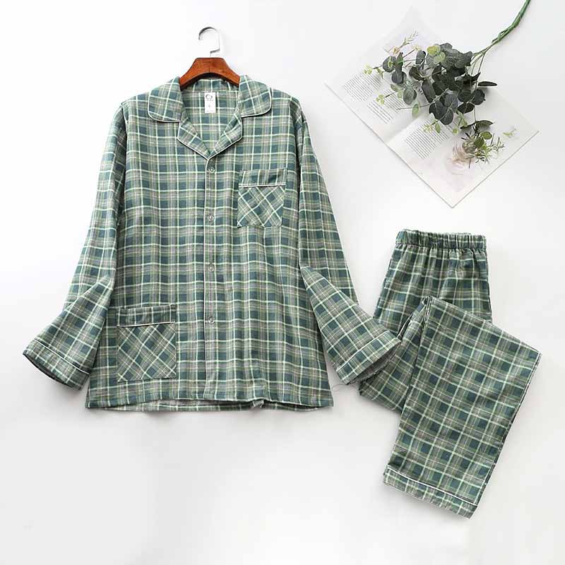 Long-Sleeved Brushed Plaid Pajama Set For Men