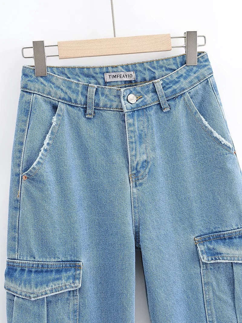 Washed Blue Pocket Decorated High Waist Jeans For Women