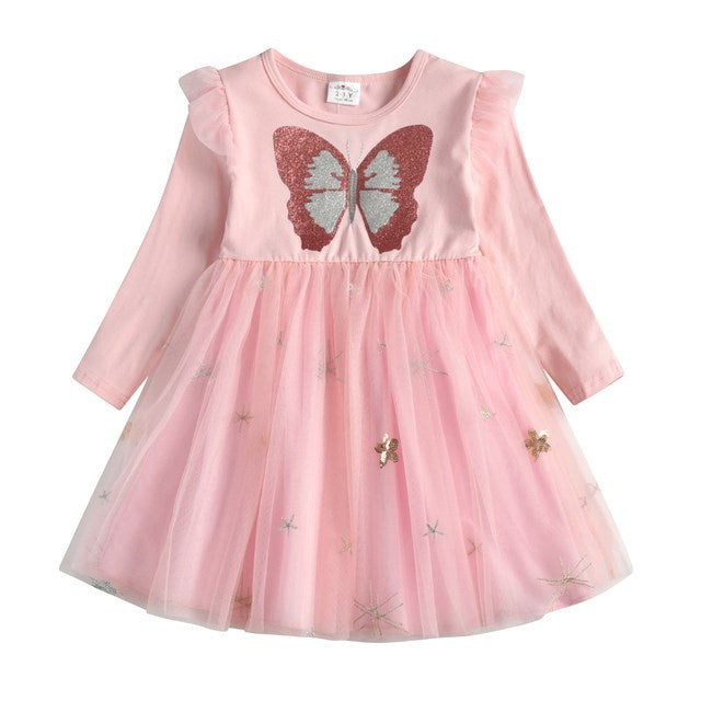 New 3-8 Girls Dress Butterfly Kids Long Sleeve Dresses Baby