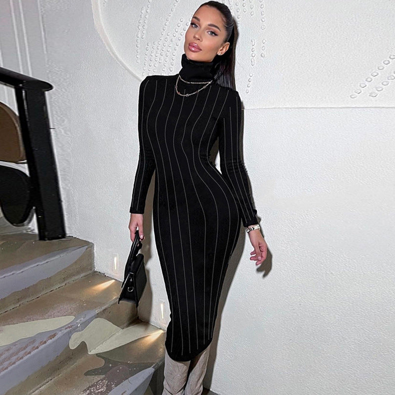 Rhinestone Slim Fit Turtleneck Long Sleeve Dress For Women