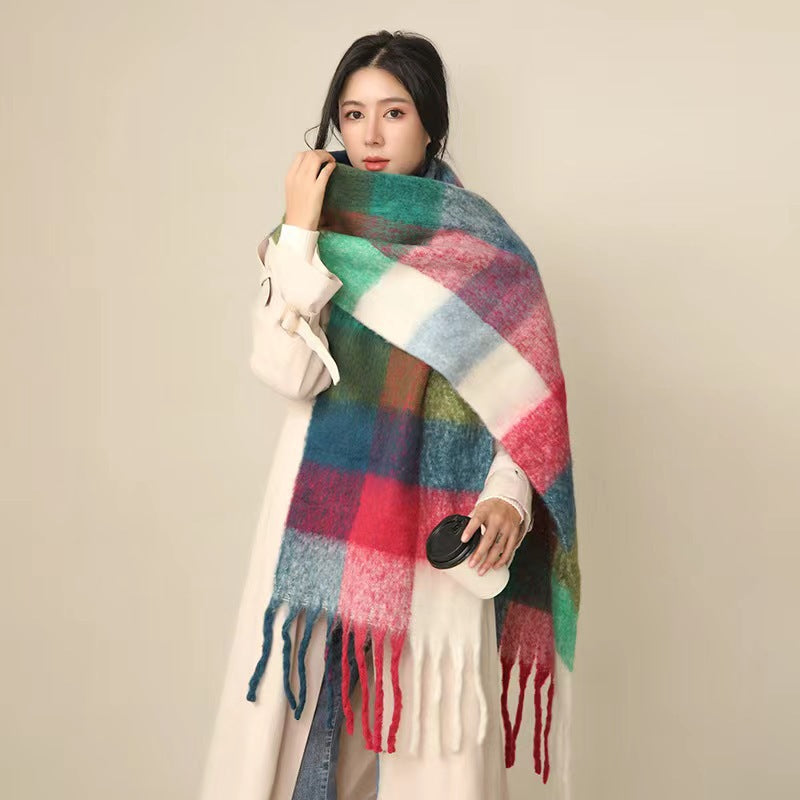 European And American Mohair Plush Warm Leisure Versatile Lattice Scarf