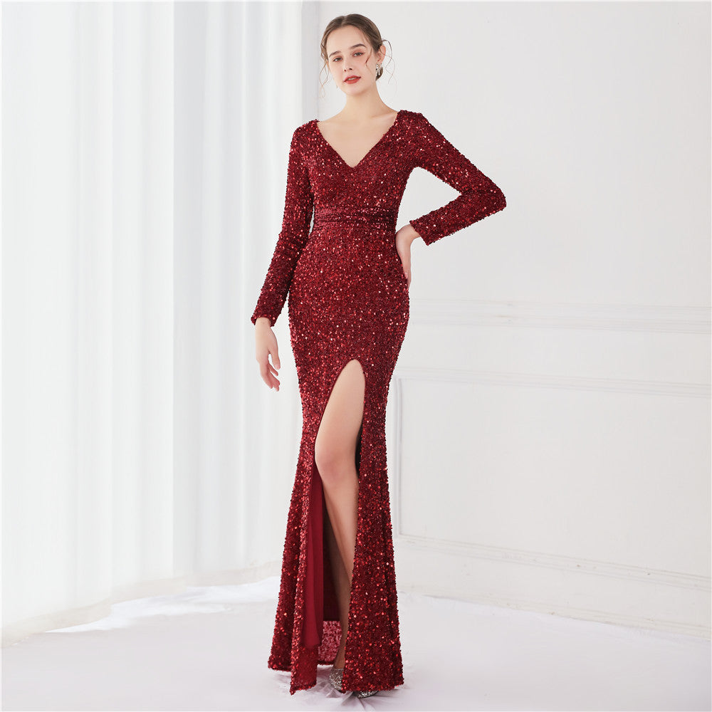 Long Sleeve Sequined Gas Field Queen Fishtail Evening Dress for women