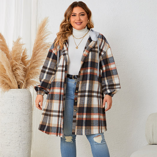 Autumn And Winter Plus-sized Plaid Hooded Mid-length Coat for women