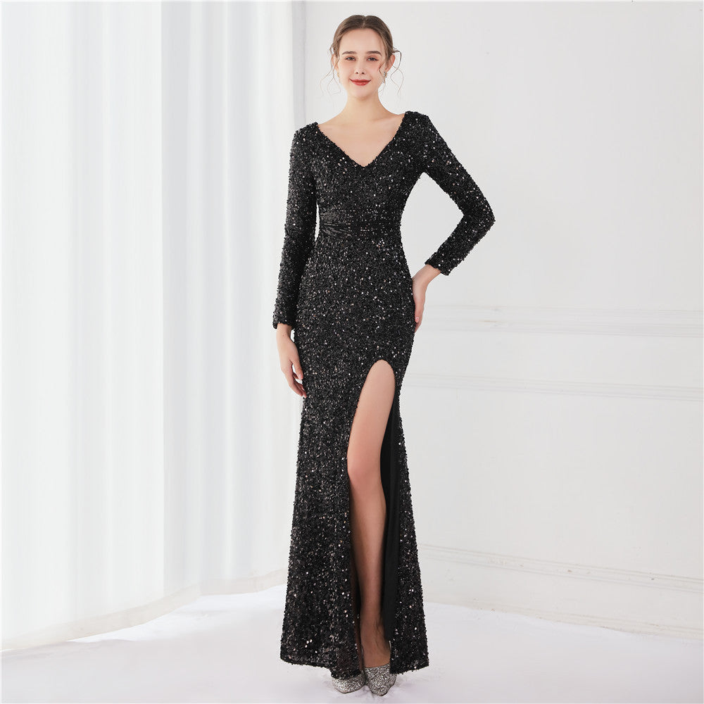 Long Sleeve Sequined Gas Field Queen Fishtail Evening Dress for women