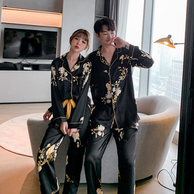 Black Imitation Silk Worn Outside Couple Pajamas Set For Men