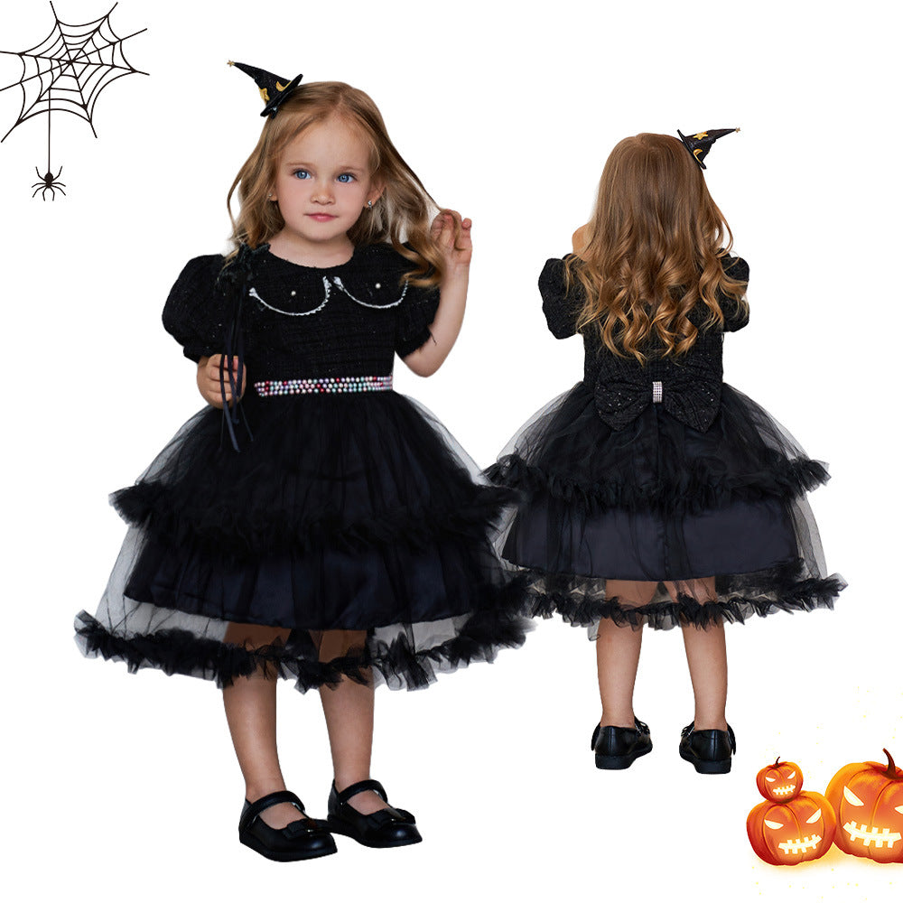 Halloween Mesh Stitching Puff Sleeve Dress for Girls