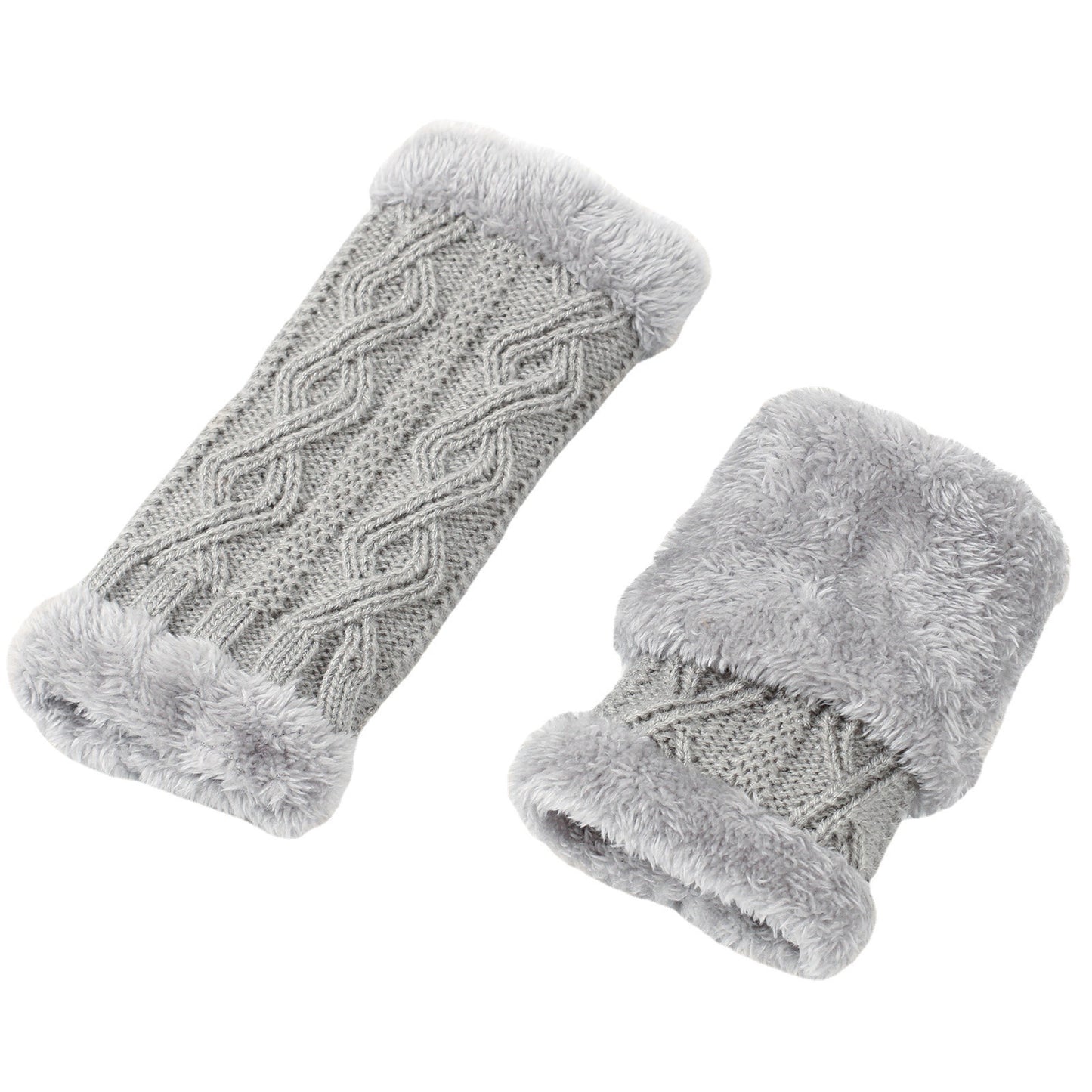 Rhombus Short Knitted Plus Fluff Thick Gloves for women