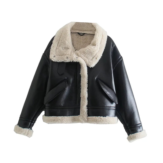 Trendy Biker Fleece Padded Faux Leather Jacket for women