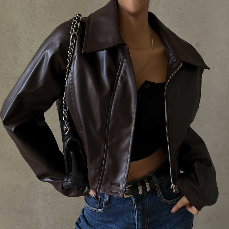 Elegant Retro Zipper PU Leather American Casual Jacket Coat