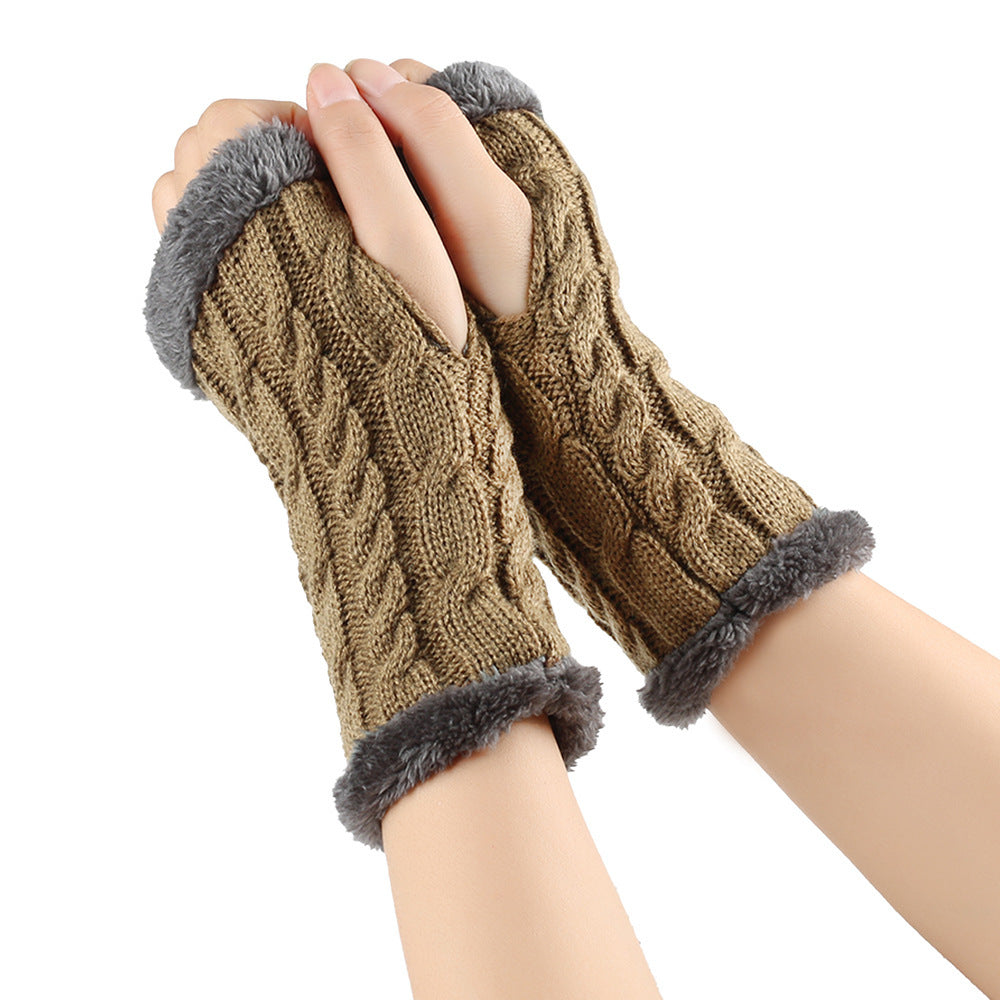 Plush and Twist Knitted Fingerless Fleece Gloves for Women