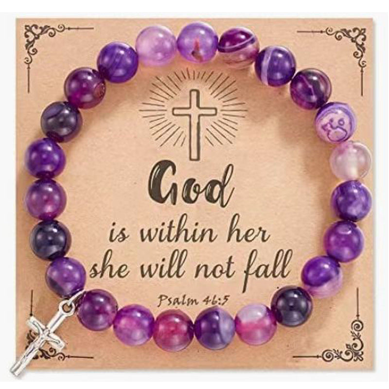 8mm Heart Bracelet Striped Purple Agate Cross Pendant Elephant Bracelet