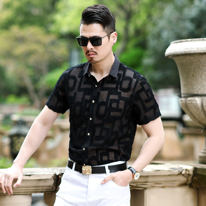 Summer New Style  Men's Shirts Slim Hollow Embroidered Non-iron Casual Shirts