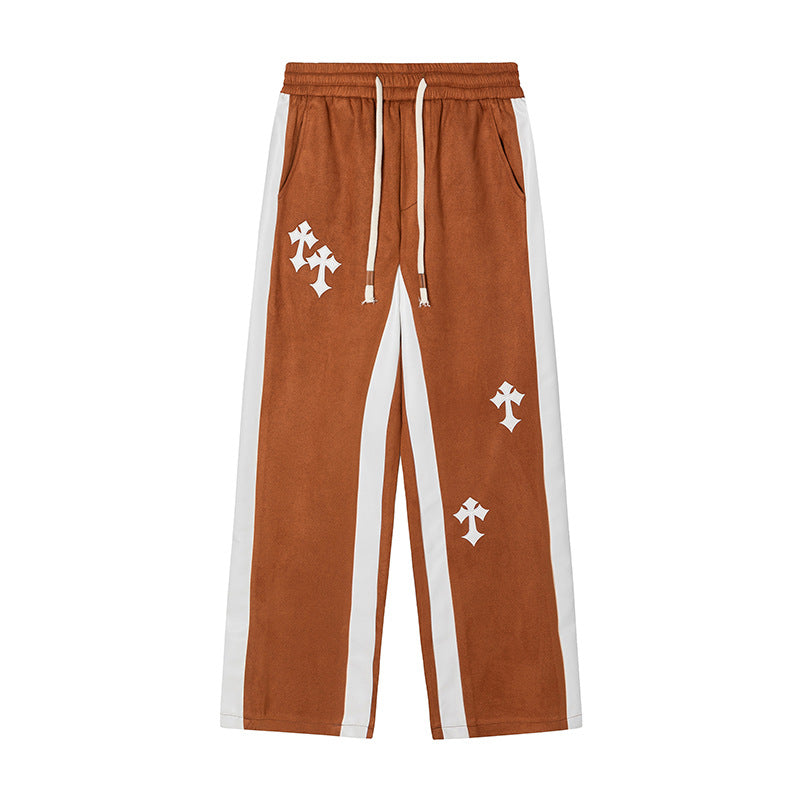 American Retro Cross Embroidery Suede Casual Trousers For Men