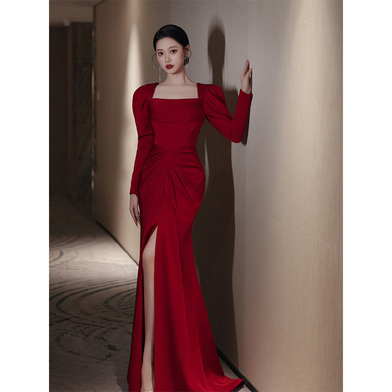 Bride Fishtail Square Collar Long Sleeve  Evening Dress for women