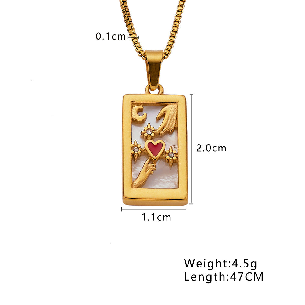 Retro Moon Heart Pendant Titanium Steel Rectangular Epoxy Zircon Necklace