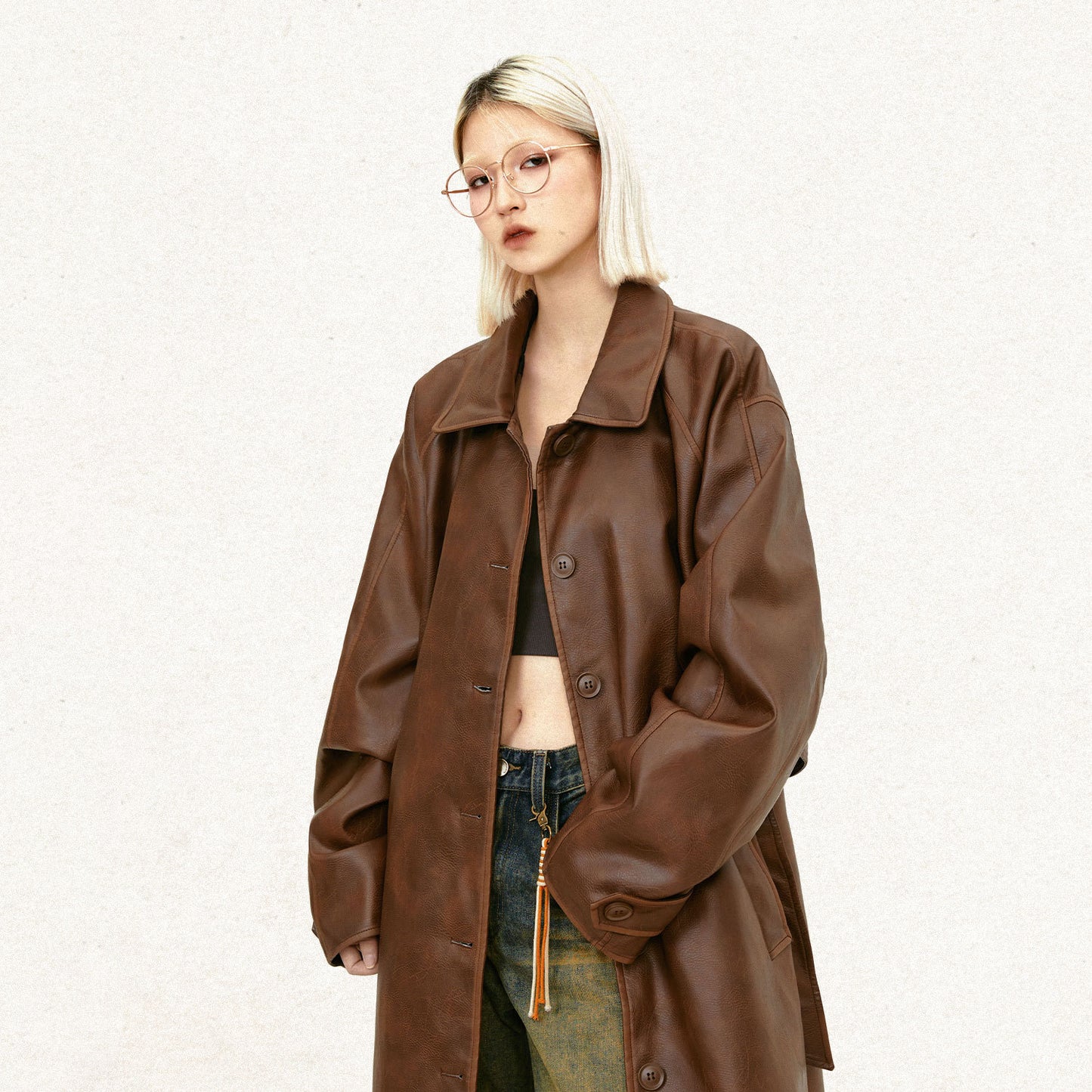 Leather Mid-length Trench Coat  for Women