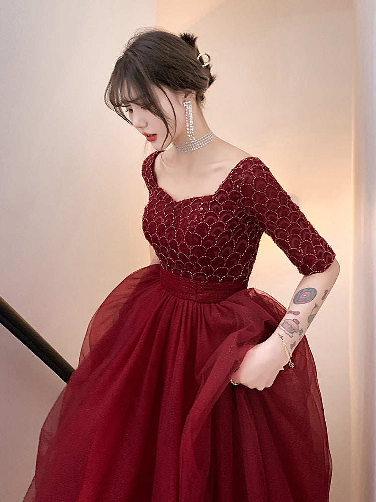 Wine Red Engagement Back Door Evening Dress for Female