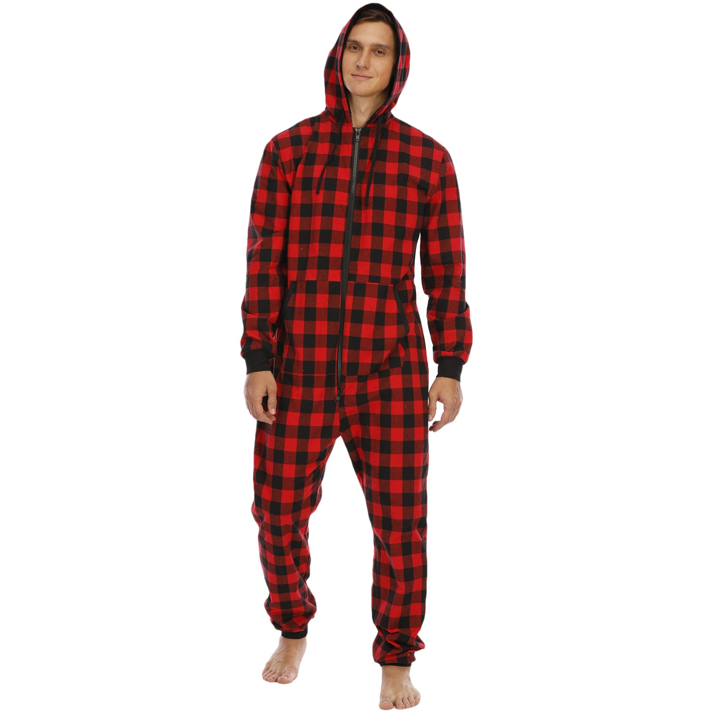 Flannel Check Hooded One-Piece For Men