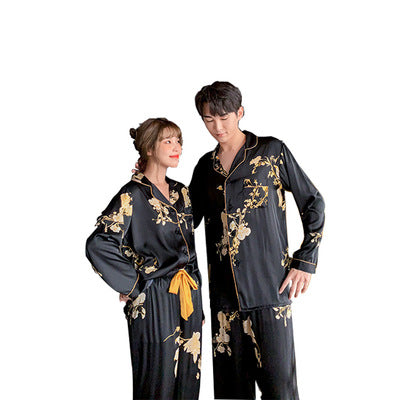 Black Imitation Silk Worn Outside Couple Pajamas Set For Men