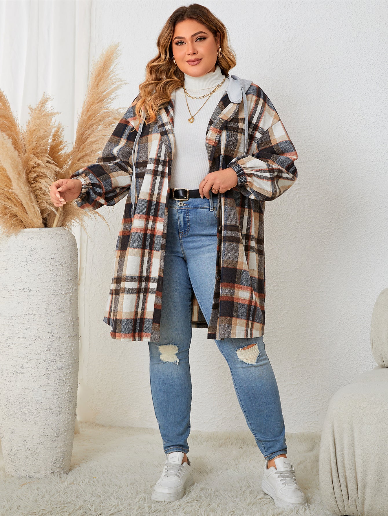 Autumn And Winter Plus-sized Plaid Hooded Mid-length Coat for women