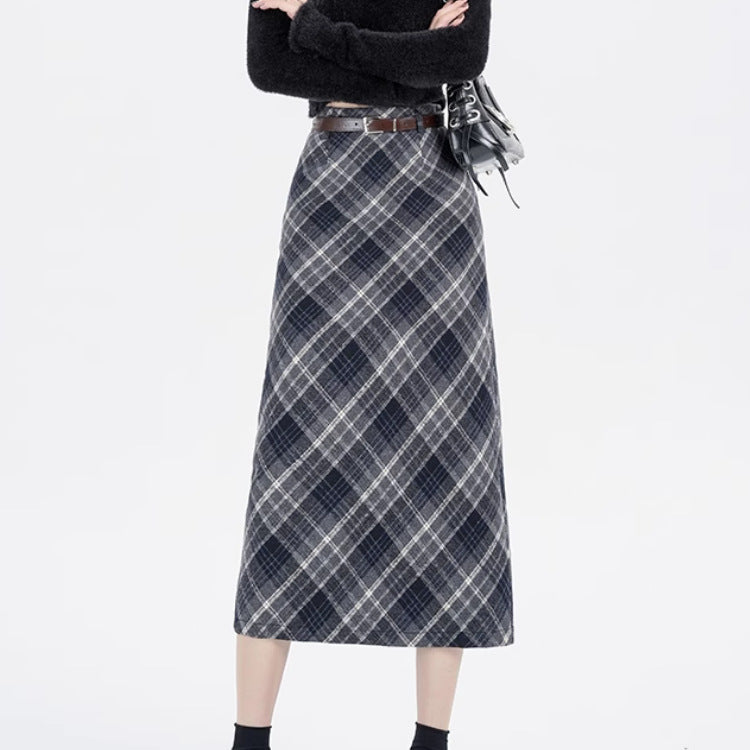 High Waist Mid-length Woolen Plaid Skirts For Women