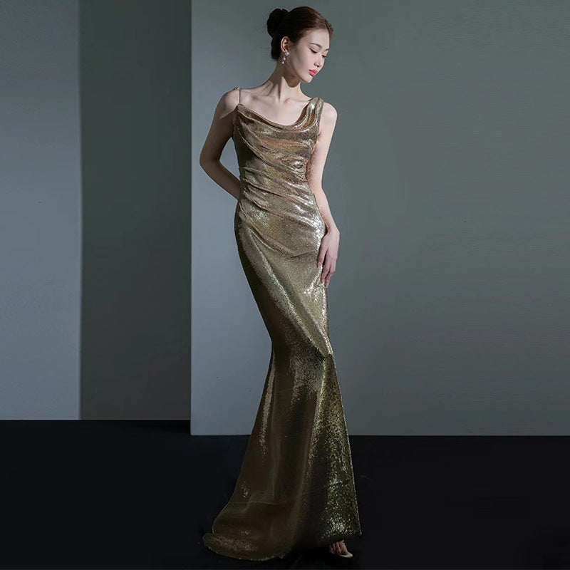 Fishtail Evening  Elegant Sequins Annual Meeting Sexy Backless dress for women